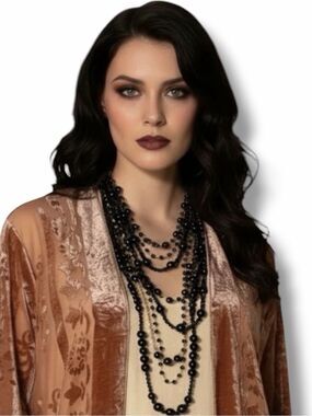 Black Multi Strand Beaded Long Statement Necklace 34” NWT